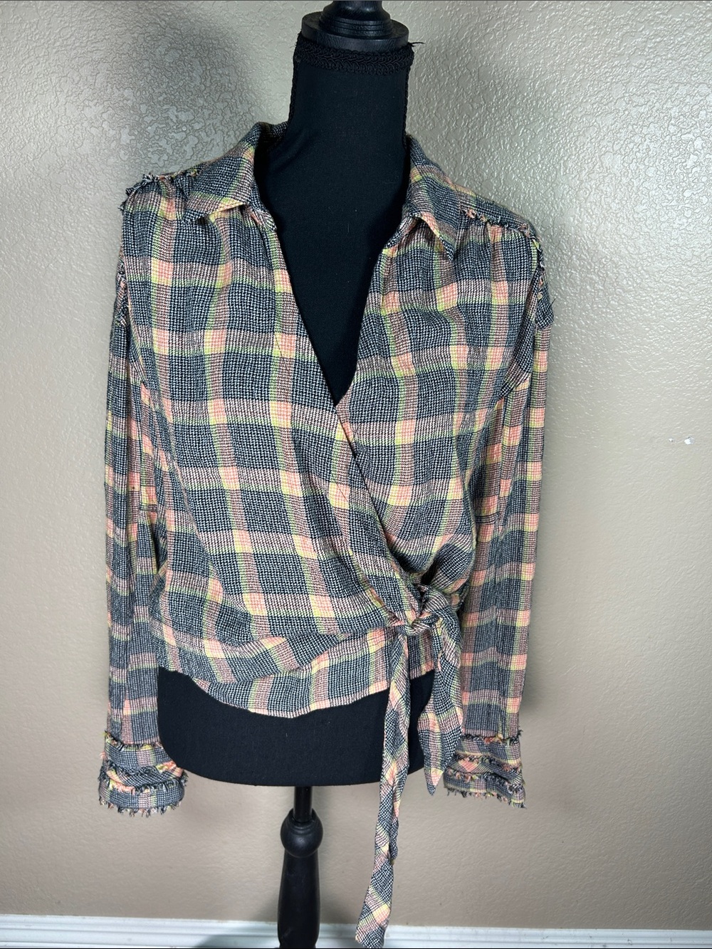 We The Free Free People Plaid Wrap Tie Top Fringe Trim Size Medium